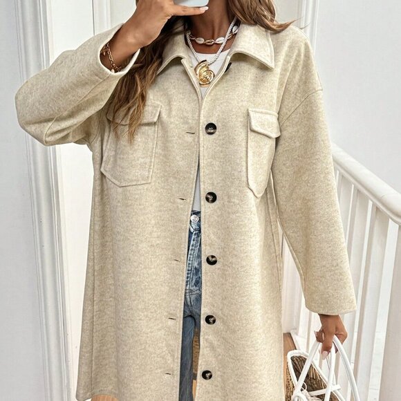 Jackets & Blazers - Beige Casual Women's Drop Shoulder Woolen Long Sleeve Coat